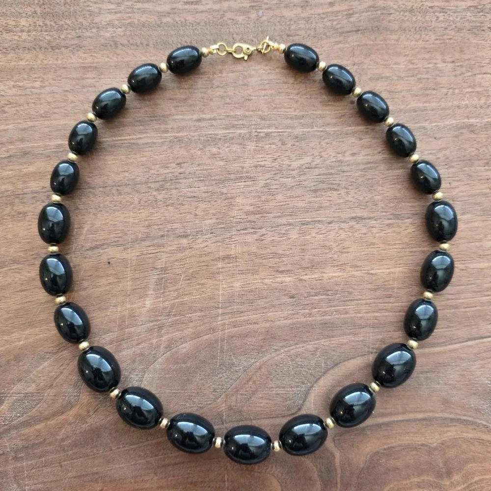 Vintage 80s Monet Black Bead Choker Necklace Gold Accents Lucite Statement